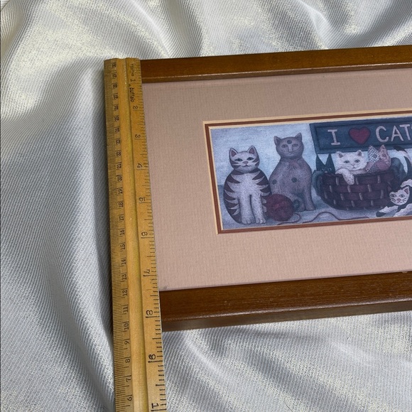 Vintage 90s Folk Art Style Cat Art Print I Love Cats Tan Brown Real Wood Frame - Picture 6 of 6